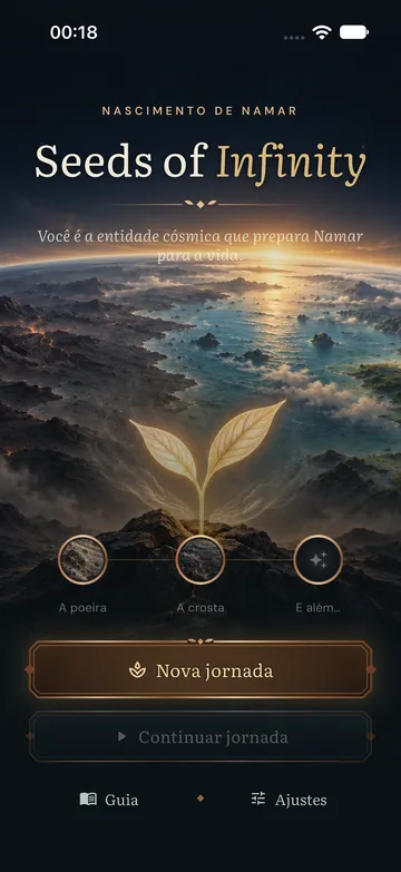 Seeds of Infinity home screen with a sprouting seed over a young planet